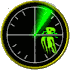 Circular black dial with yellow border and white tick marks; green glowing figure holding a weapon rotates clockwise through multiple positions.
