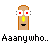 Pixelated character with brown body, red eyes, yellow nose, and black mouth; text labels below each instance.