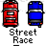 Animated contact sheet showing 8 frames of a pixel art street race icon with red and blue cars on gray background, each frame labeled "Street Race" text below the vehicles.