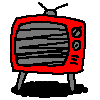 Six red retro TVs with gray screens and black shadows on a light gray background, two showing static, one displaying a cartoon character, another showing a distorted face.
