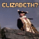 Animated scene with two historical figures in 18th-century military attire on rocky terrain, text overlays reading ELIZABETH? and CRAP!