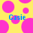 Yellow background with pink circles and blue text reading 'Casie' in two positions.