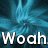 Blue abstract background with white text reading "Woah" in three positions, one partially obscured by a gray rectangle.