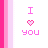 Pixelated pink text 'I' above a pink heart symbol above pink text 'you' on a white background with vertical pink and light pink stripes on the left.