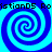 Four identical blue spiral patterns arranged in a with pixelated text repeating "RoistionD5" at top and bottom edges