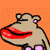 Pixelated cartoon character with light brown body, purple eyes, and pink limbs on orange background, showing sequential mouth movements from closed to open to kissing.