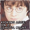 six identical images showing a person with round glasses and brown hair, wearing a white collared shirt under dark clothing, with text below reading "KICKING ARSE ON A SCHOOL NIGHT"