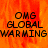 Pixelated text 'OMG GLOBAL WARMING' on fiery orange-red background with visible pixelation and partial gray overlay.