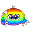 Rainbow-colored cartoon creature with large eyes, white wings, and a small dice on its head; adjacent text reads "neopets Secretly supporting Apple".