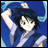 Pixelated anime-style character with dark blue hair and blue clothing, raising one arm against a blue background with light blue circular elements.