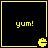 Four identical black square with yellow borders each display "yum!" text and a yellow Pac-Man icon in the bottom-right corner