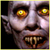 Pixelated close-up of a pale-skinned face with glowing yellow eyes and visible teeth, set against dark background.