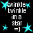 A black background displays repeated text and star symbols in cyan and white, with animated star shapes changing position across frames.