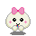 Pixel art character with pink bow, black eyes, and blush marks in four variations showing different expressions and particle effects.