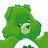Green Care Bear character with white belly patch and green heart symbol next to 'Good Luck' text in pixelated green script on white background.