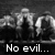 Black-and-white pixelated animation of a figure with long hair and a hat, transitioning through poses while text reads "No evil... Just Newsies!" at the bottom.