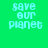 Four identical pixelated 'save our planet' text icons arranged in a on a green background with blue horizontal bars