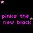 Pixelated text repeats 'pinks the new black' in bright pink on a black background with scattered stars, some of which change position across frames.