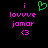 Pixelated text and symbols on black background with green heart icon above pink text.