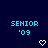 Pixelated blue text 'SENIOR '09' appears in multiple positions on a dark background with white heart and arrow symbols changing across frames.