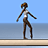 Animated sequence of a stylized female figure performing gymnastic poses on a balance beam against a blue sky and ocean background.