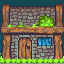Pixel art of a stone and wood building with a wooden door, blue window, green grass base, and small bush on the roof.