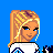 Pixel art cheerleader in blue and white uniform with pom-poms, standing against solid blue background; text 'GO FIGHT WIN!' below.