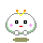 Pixelated character with white rounded body, green outline, orange and yellow antennae, pink cheeks, and blue tears in four distinct poses.
