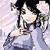 Pixelated anime-style character icon with black hair, light skin, and blue clothing against a soft gradient background.