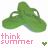 Green flip-flops with pink 'think summer' text and a small green heart icon on the left, transitioning to a pink heart icon on the right.