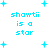 Cyan pixelated text 'shawti is a star' surrounded by cyan plus signs on white background, with animated variations in sign placement and spacing.