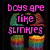 Pixelated text in pink and black with rainbow-colored shapes below, displaying a humorous phrase about boys.