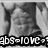 Black-and-white pixelated image of a person in traditional attire with arms raised, overlaid by text reading "abs=love" at the bottom.