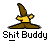 Pixelated wizard hat with yellow torso and brown brim, below which is text reading 'Shit Buddy' in blocky font.