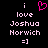 Pixelated text and symbols on black background with pink heart icon above 'i love Joshua Norwich =]' in light purple.