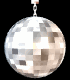 Two silver disco balls hang vertically against black backgrounds, each with reflective mirrored facets showing light reflections.
