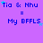 Purple background with repeated blue text "Tia & Nhu = My BFFLS" and scattered light blue stars, some of which move across frames.