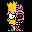 Pixelated cartoon character with yellow hair and pink skin half-exposed, showing eye color changes from red to green across frames.
