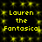 Yellow pixelated text "Lauren the Fantasical" repeated in a pattern on black background with scattered yellow sparkles
