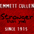 Red background with repeated text elements including 'EMMETT CULLEN', 'Stronger than you', and 'SINCE 1915' in various fonts.