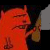 A static image shows a red-toned figure with horns and a tattoo, alongside repeated orange text on black background.