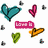 Pixelated heart-shaped icons in teal, pink, green, and orange with text bubbles reading "Love is" and "all ya", surrounded by small gray hearts on white background.