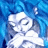 Pixelated anime-style character with blue hair and closed eyes against a blue background, next to black with white text
