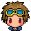 Four pixel art frames of a chibi character with brown hair, blue goggles, and blue shirt showing facial expression changes.