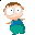 Pixelated cartoon character with brown hair, blue eyes, and green pants in four distinct poses against a gray background.
