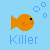 Pixelated orange fish with black eye and red mouth on light blue background, accompanied by four pixelated bubbles and the word 'Killer' in blue text.