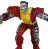 Pixelated static image of a humanoid figure with metallic gray head and limbs, multicolored torso in reds/yellows/greens, standing against solid light gray background.