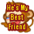 Pixelated cartoon monkey with brown fur and blue eyes, wearing red text boxes reading 'He's My Best Friend' over its face.