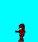 Red armored figure in multiple poses including walking, crouching, and tank transformation against cyan background.