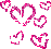 Pixelated pink and white heart shapes in various sizes scattered across a gray background, forming an animated pattern.